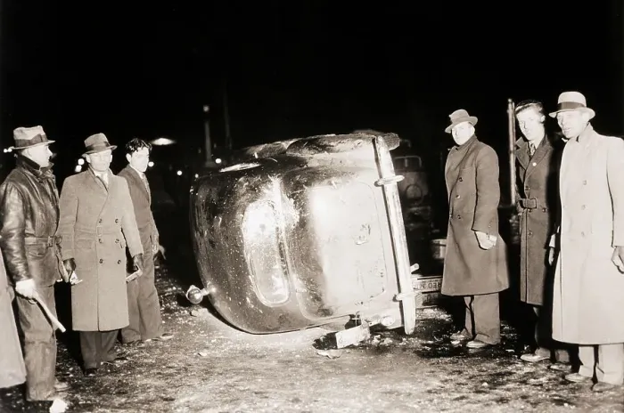 Framed Print : Labor Strikers Stand by Overturned Car Framed Print : Labor Strikers Stand by Overturned Car