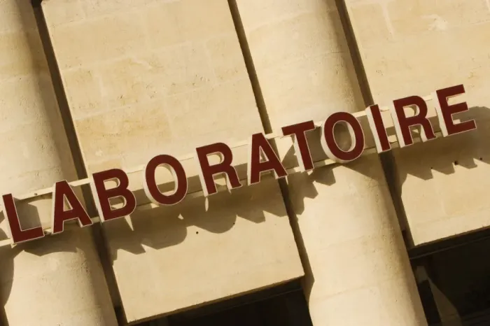Framed Print : Laboratory sign on a building, Bordeaux, Aquitaine, France