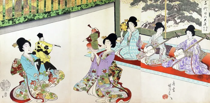 Framed Print : Ladies in Waiting of the Chiyoda Castle: Sword Practice and Puppet Kyōgen Framed Print : Ladies in Waiting of the Chiyoda Castle: Sword Practice and Puppet Kyōgen