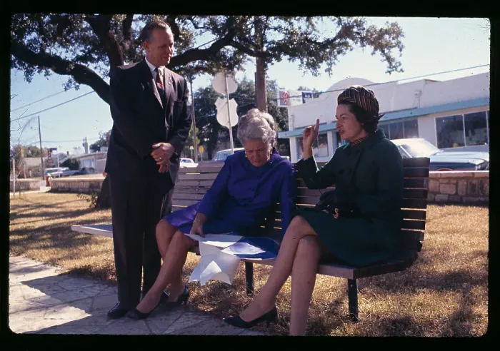 Framed Print : Lady Bird Johnson and Life Magazine Personnel Sitting on Bench