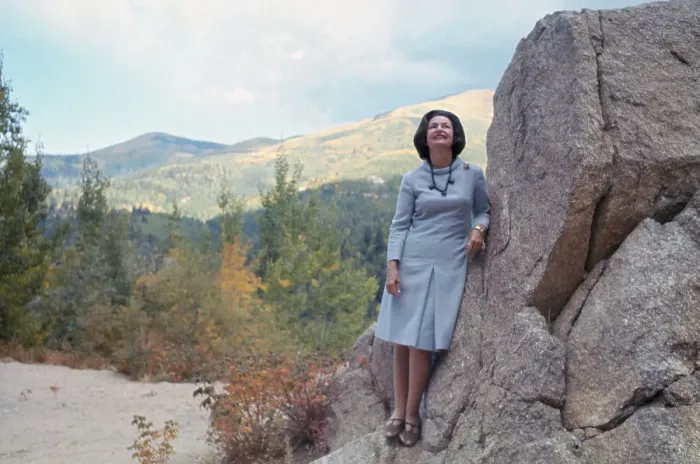 Framed Print : Lady Bird Johnson Posing Near Large Rock Formations Framed Print : Lady Bird Johnson Posing Near Large Rock Formations