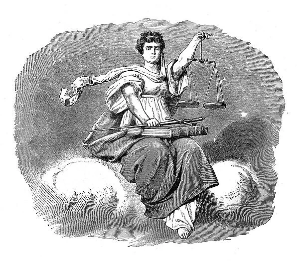 Lady Justice - woman with scale and sword engraving 1892