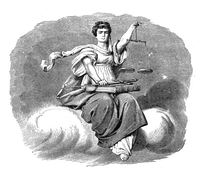Framed Print : Lady Justice - woman with scale and sword engraving 1892