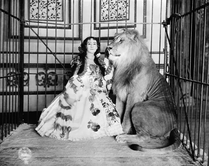 Framed Print : Lady Lion Tamer Caged with Lion