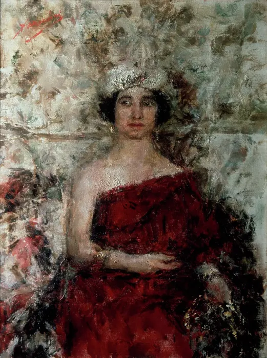 Framed Print : Lady in red with a turban (Signora in rosso con turbante), by Antonio Mancini, 1927, 20th Century, oil on canvas, 100 x 75 cm Framed Print : Lady in red with a turban (Signora in rosso con turbante), by Antonio Mancini, 1927, 20th Century, oil on canvas, 100 x 75 cm