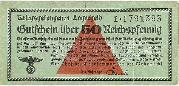 Lagergeld, prisoner of war camp money, from the German prisoner of war camp Stalag IV B in Muehlberg on the Elbe. A 50 Pfennig banknote, 1940, Germany, Historical, digitally restored reproduction from a 19th century original