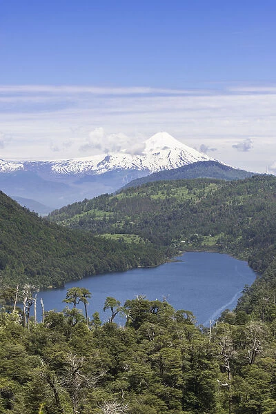 Lago Tinquilco lake and volcano Villarrica, Pucon, Araucania Region, Chile