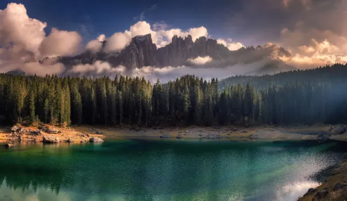 Framed Print : Lake Carezza and dramatic sky Framed Print : Lake Carezza and dramatic sky