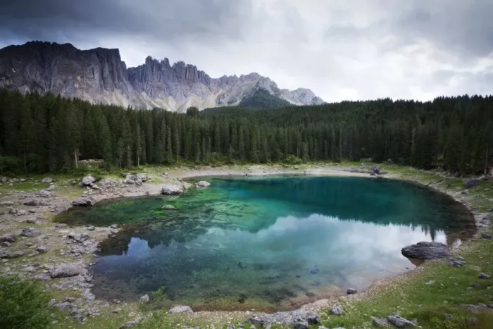 Framed Print : Lake Carezza with Latemar Mountain with clouds, Karerpass, Dolomiten, South Tyrol province, Trentino-Alto Adige, Italy Framed Print : Lake Carezza with Latemar Mountain with clouds, Karerpass, Dolomiten, South Tyrol province, Trentino-Alto Adige, Italy