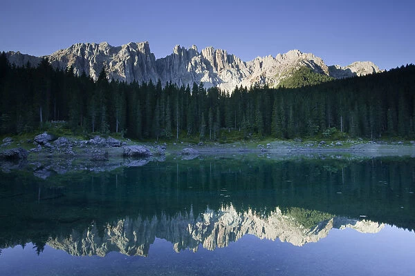 Lake Carezza with Latemar Mountain, Karerpass, Dolomiten, South Tyrol province, Trentino-Alto Adige, Italy