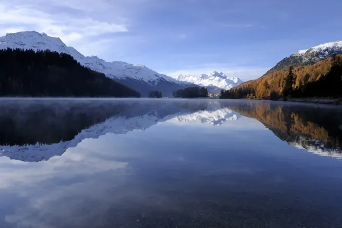 Framed Print : Lake Champfer with larch forest with autumnal colouring, Mt Piz da la Margna at back, St. Moritz, Engadine, Grisons, Switzerland, Europe Framed Print : Lake Champfer with larch forest with autumnal colouring, Mt Piz da la Margna at back, St. Moritz, Engadine, Grisons, Switzerland, Europe