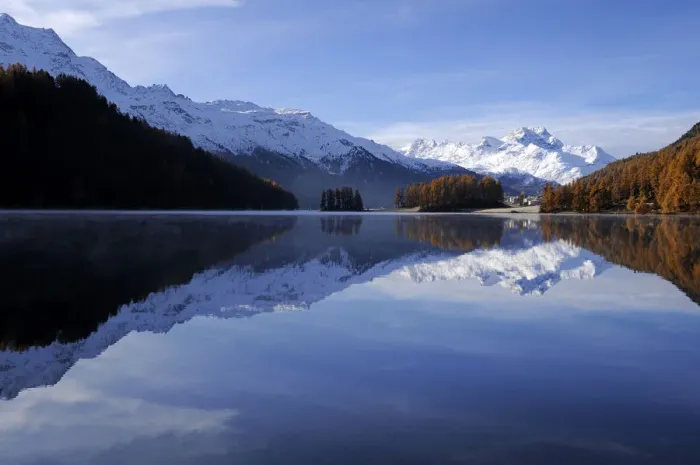 Framed Print : Lake Champfer with larch forest with autumnal colouring, Mt Piz da la Margna at back, St. Moritz, Engadine, Grisons, Switzerland, Europe Framed Print : Lake Champfer with larch forest with autumnal colouring, Mt Piz da la Margna at back, St. Moritz, Engadine, Grisons, Switzerland, Europe