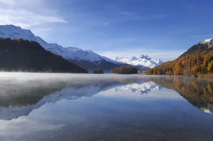 Framed Print : Lake Champfer with larch forest with autumnal colouring, Mt Piz da la Margna at back, St. Moritz, Engadine, Grisons, Switzerland, Europe Framed Print : Lake Champfer with larch forest with autumnal colouring, Mt Piz da la Margna at back, St. Moritz, Engadine, Grisons, Switzerland, Europe