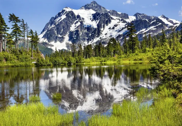 Framed Print : Lake Evergreens, Mount Shuksan and Mount Baker, Washington State, USA Framed Print : Lake Evergreens, Mount Shuksan and Mount Baker, Washington State, USA