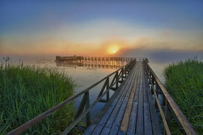 Framed Print : Lake Federsee with a pier at sunrise, Lake Federsee district, Bad Buchau, Baden-Wuerttemberg, Germany, Europe Framed Print : Lake Federsee with a pier at sunrise, Lake Federsee district, Bad Buchau, Baden-Wuerttemberg, Germany, Europe