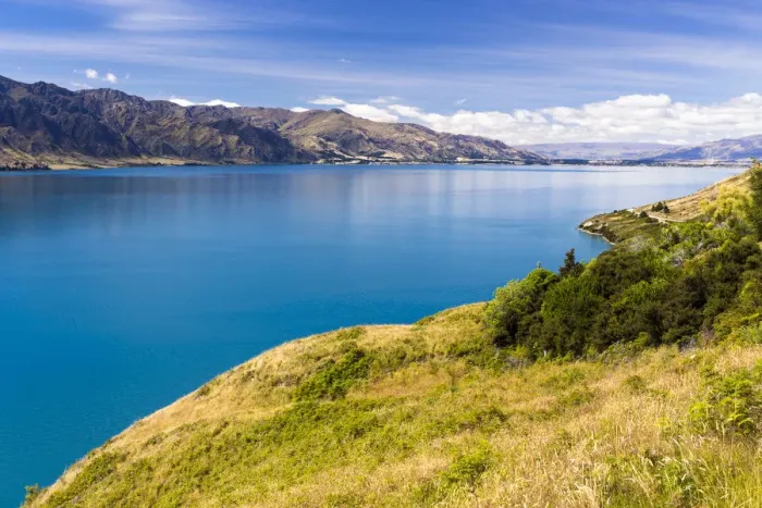 Framed Print : Lake Hawea with the settlement of Hawea, The Neck, Otago Region Framed Print : Lake Hawea with the settlement of Hawea, The Neck, Otago Region