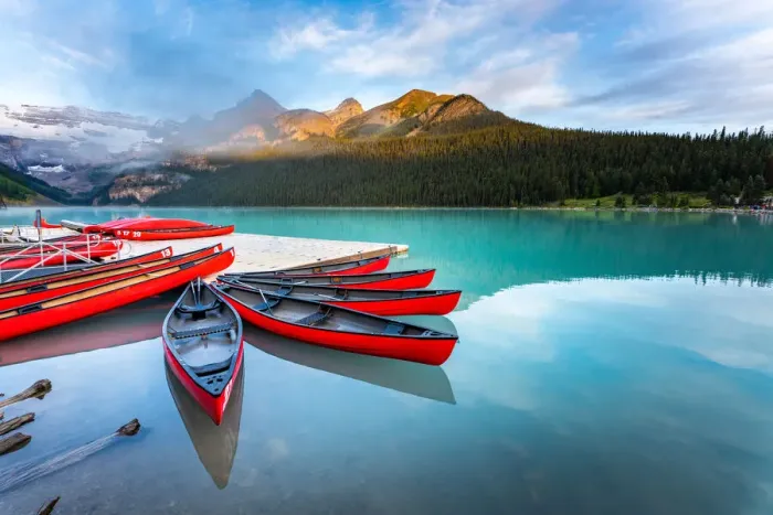 Framed Print : Lake Louise, canoe and kayak on calm water at sunrise. Banff, Canadian Rockies, Canada Framed Print : Lake Louise, canoe and kayak on calm water at sunrise. Banff, Canadian Rockies, Canada