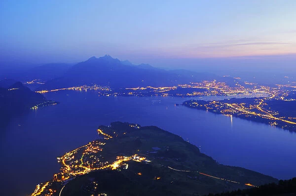 Lake Lucerne with the city of Lucerne, in the distance, Pilatus Mountain, Lucerne, Switzerland, Europe