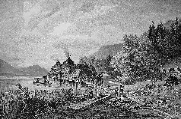 Lake pile dwelling in Upper Bavaria, Bavaria, Germany, Historical, digital reproduction of an original 19th century model
