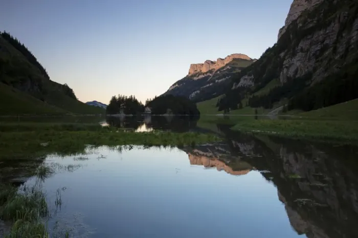 Framed Print : Lake Seealpsee in the evening, Alpstein mountain group, Appenzell, Switzerland, Europe Framed Print : Lake Seealpsee in the evening, Alpstein mountain group, Appenzell, Switzerland, Europe