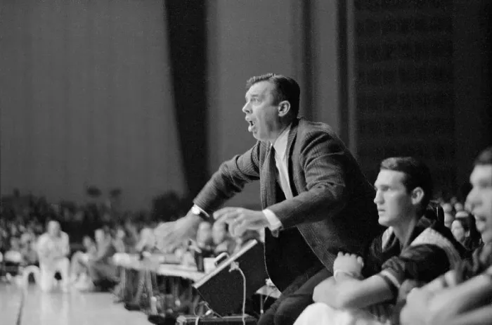 Framed Print : Lakers Coach Bill Van Breda Kolff Shouts from Sidelines Framed Print : Lakers Coach Bill Van Breda Kolff Shouts from Sidelines