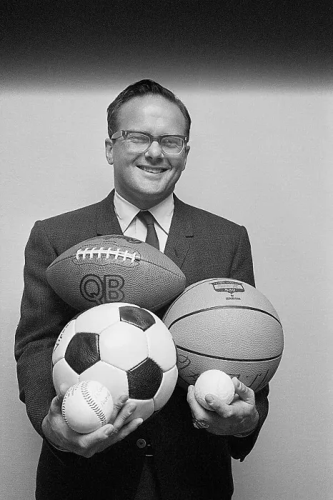 Framed Print : Lamar Hunt Holding Various Sports Balls Framed Print : Lamar Hunt Holding Various Sports Balls