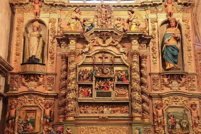 Framed Print : Lampaul-Guimiliau, Church of Notre-Dame, side altar inside the church, Brittany, France Framed Print : Lampaul-Guimiliau, Church of Notre-Dame, side altar inside the church, Brittany, France