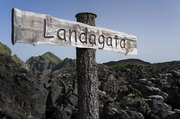 Landagata signpost, Eldfell lava field, town of Vestmannaeyjar, Heimaey, Westman Islands, south Iceland or Suourland, Iceland, Europe