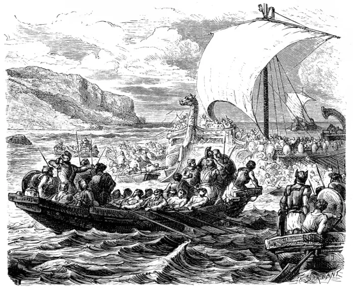 Framed Print : Landing of Phoenician ships on a coast
