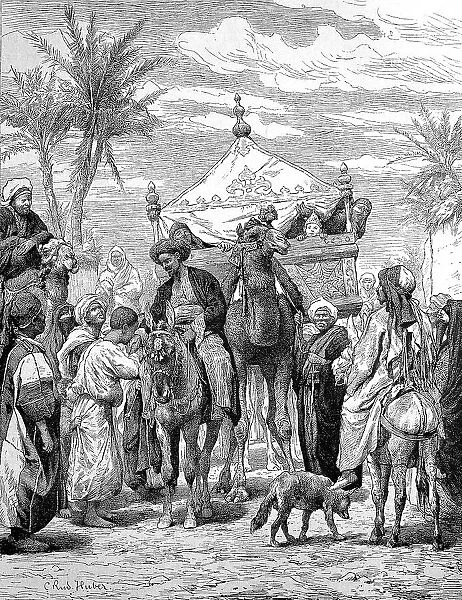 The landlord returns from the pilgrimage in 1879 from Mecca and is greeted by his subjects, camel with a travelling litter, Egypt, digitally restored reproduction of an original from the 19th century
