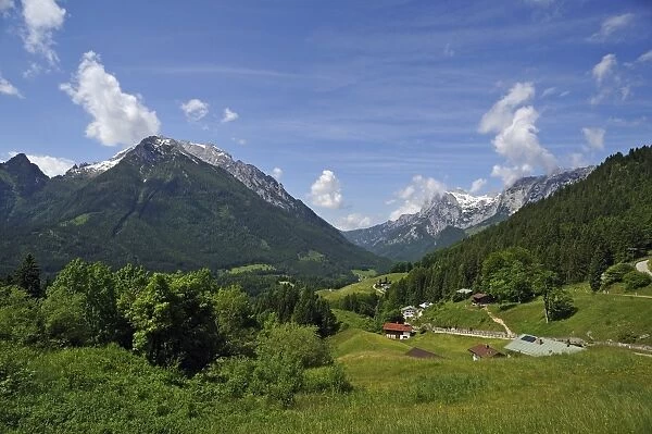 Landscape of Berchtesgadener Land with Hochkalter Mountain, left, and Reiteralpe Mountain, right, Ramsau bei Berchtesgaden, Berchtesgadener Land District, Upper Bavaria, Bavaria, Germany