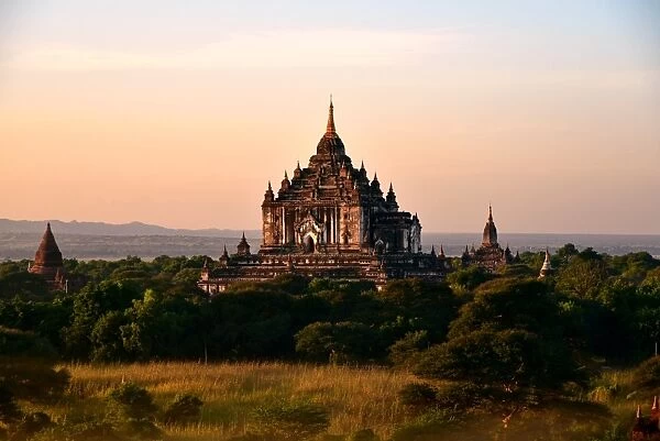 Landscape buddhist pagoda at sunset Bagan Myanmar