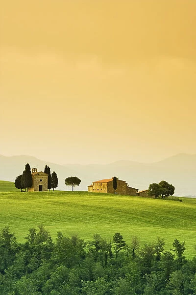 Landscape with church and villa, Tuscany, Italy