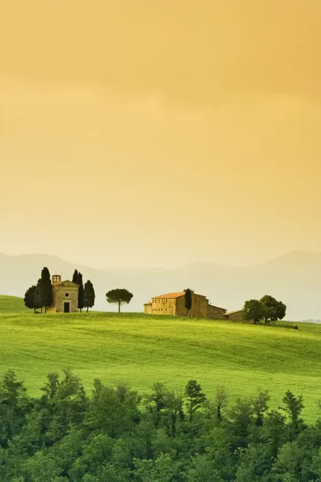 Framed Print : Landscape with church and villa, Tuscany, Italy Framed Print : Landscape with church and villa, Tuscany, Italy