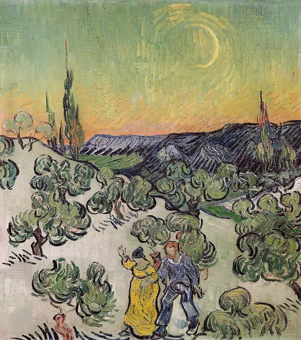 Framed Print : Landscape With Couple Walking And Crescent Moon