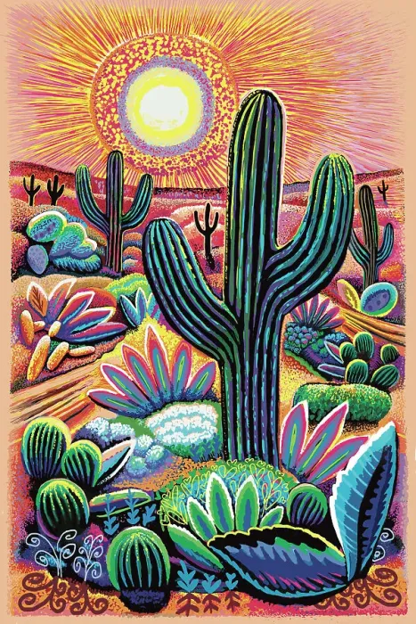 Framed Print : Landscape Desert Garden, Saguaro and flowering cactus. Illustration of vivid sunset Framed Print : Landscape Desert Garden, Saguaro and flowering cactus. Illustration of vivid sunset