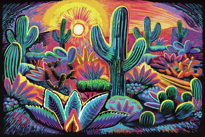 Framed Print : Landscape Desert Garden, Saguaro and flowering cactus. Digital Illustration of vivid sunset Framed Print : Landscape Desert Garden, Saguaro and flowering cactus. Digital Illustration of vivid sunset