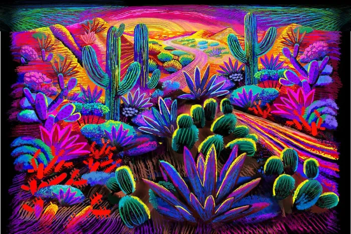 Framed Print : Landscape Desert Garden, Saguaro and flowering cactus. Digital Illustration of vivid sunset Framed Print : Landscape Desert Garden, Saguaro and flowering cactus. Digital Illustration of vivid sunset