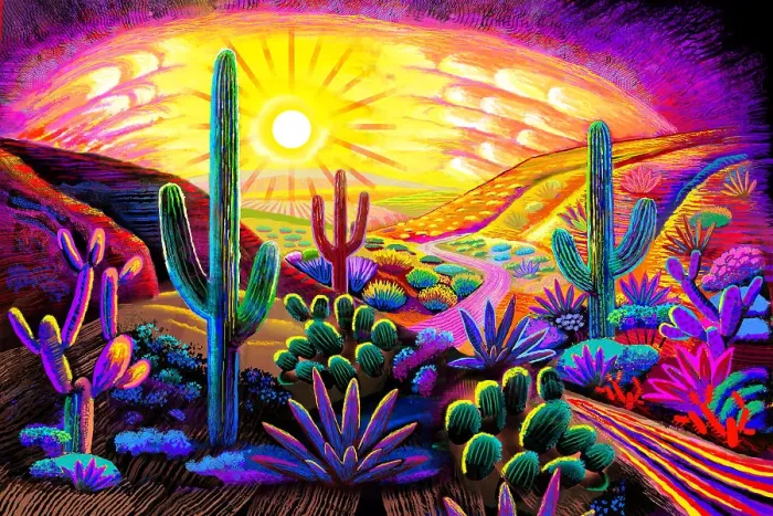 Framed Print : Landscape Desert Garden, Saguaro and flowering cactus. Digital Illustration of vivid sunset Framed Print : Landscape Desert Garden, Saguaro and flowering cactus. Digital Illustration of vivid sunset