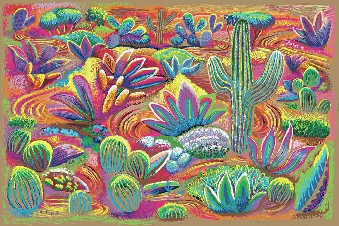 Framed Print : Landscape Desert Garden, Saguaro and flowering cactus. Digital Illustration of vivid sunset