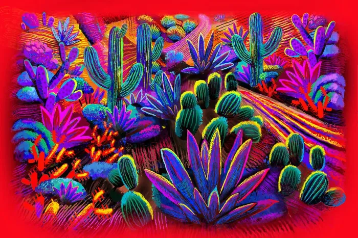 Framed Print : Landscape Desert Garden, Saguaro and flowering cactus. Digital Illustration of vivid sunset Framed Print : Landscape Desert Garden, Saguaro and flowering cactus. Digital Illustration of vivid sunset