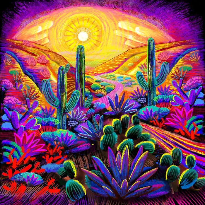 Framed Print : Landscape Desert Garden, Saguaro and flowering cactus. Digital Illustration of vivid sunrise Framed Print : Landscape Desert Garden, Saguaro and flowering cactus. Digital Illustration of vivid sunrise