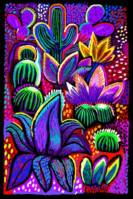 Framed Print : Landscape Desert Garden, Saguaro and flowering cactus at Night Framed Print : Landscape Desert Garden, Saguaro and flowering cactus at Night