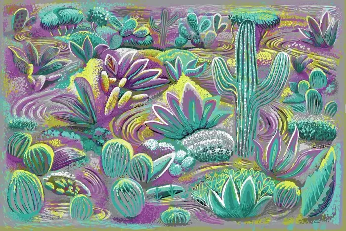 Framed Print : Landscape Desert Garden, Saguaro and flowering cactus painting Framed Print : Landscape Desert Garden, Saguaro and flowering cactus painting