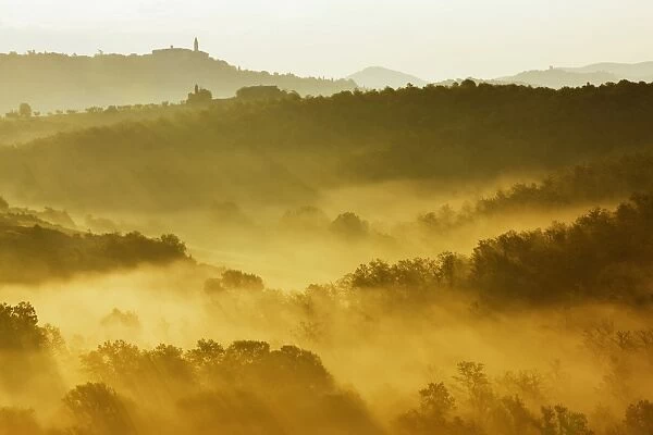 Landscape in the morning fog, San Quirico, Val dOrcia, Tuscany, Italy, Europe