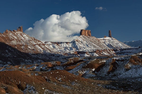 Landscape with mountains covered by snow in Castle Valley, Utah, USA