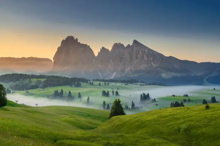 Framed Print : landscape scenic viewpoint of Alpe di Suisi, famous travel location Dolomite Alps, Italy