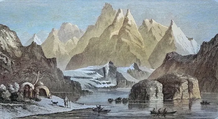 Framed Print : Landscape at the Strait of Magellan, Tierra del Fuego, Chile, Historic, digitally restored reproduction from a 19th-century original Framed Print : Landscape at the Strait of Magellan, Tierra del Fuego, Chile, Historic, digitally restored reproduction from a 19th-century original