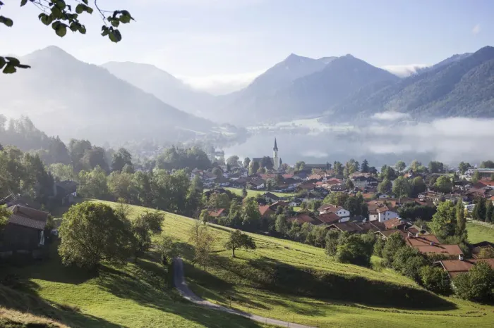 Framed Print : Landscape with townscape, morning mist, Schliersee, Upper Bavaria, Bavaria, Germany