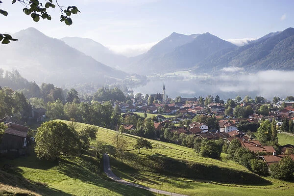 Landscape with townscape, morning mist, Schliersee, Upper Bavaria, Bavaria, Germany